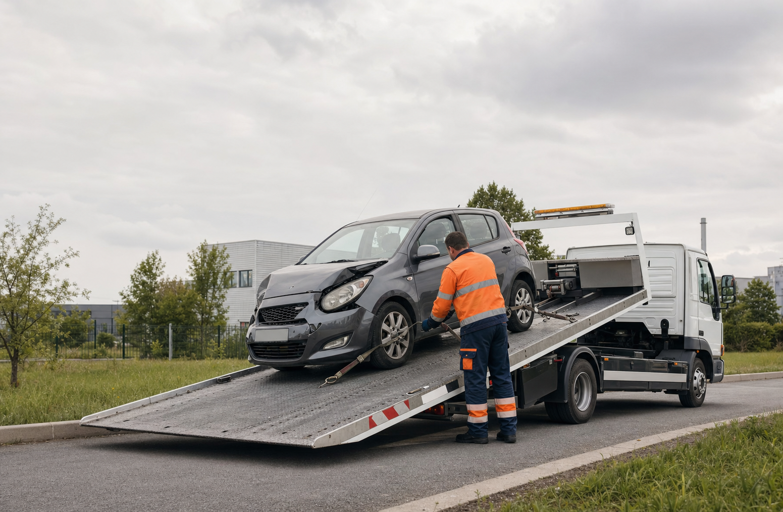 Depanneuse en intervention dans une zone industrielle de banlieue